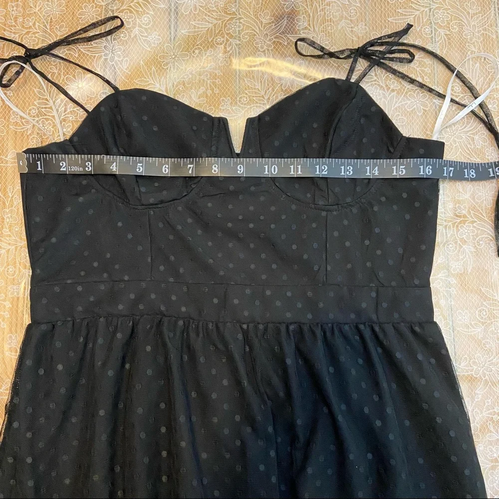 NWOT Lulus Romantic Spot Black Polka Dot Mesh Tiered Midi Dress - Picture 11 of 15